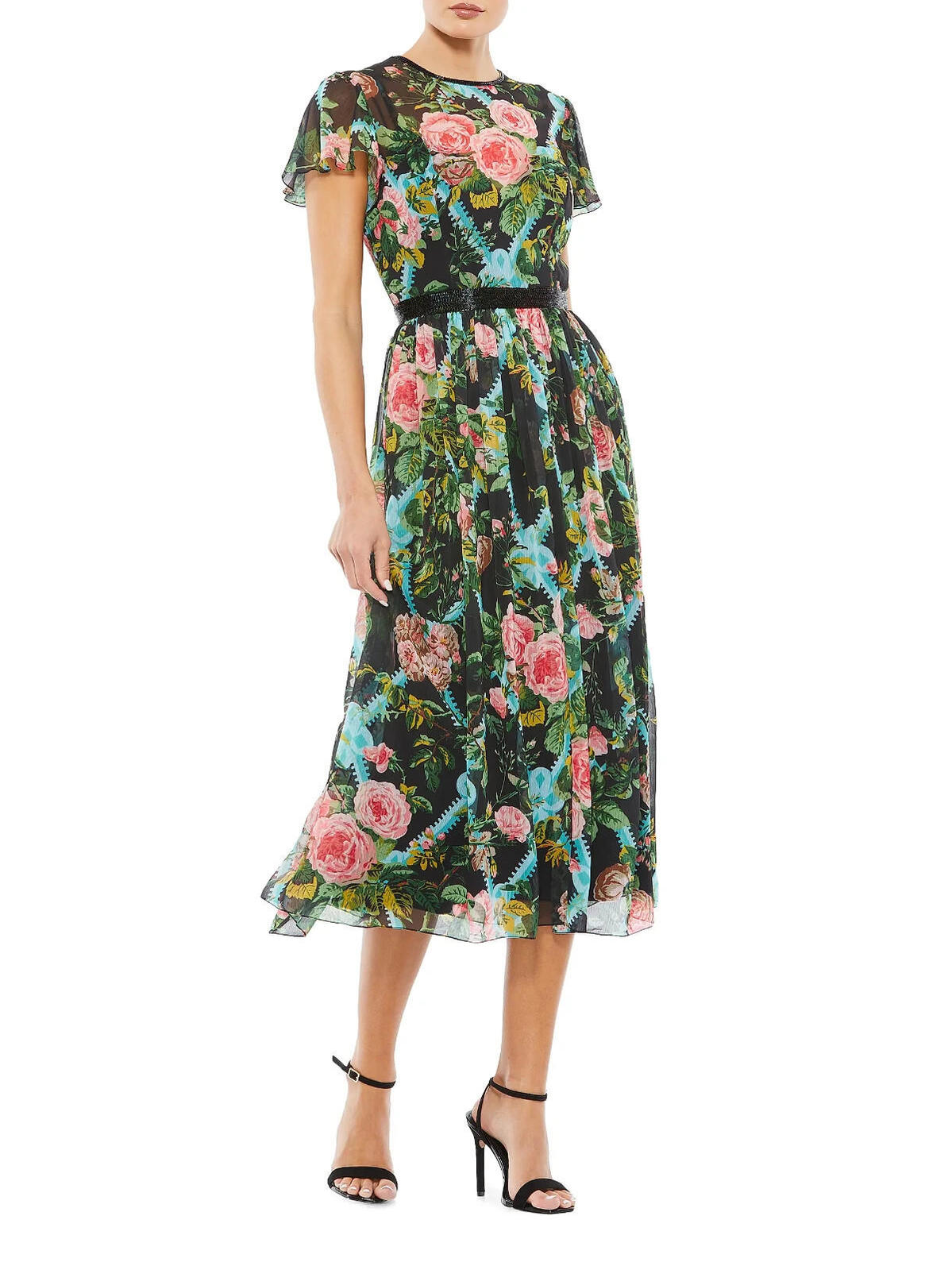 New, Mac Duggal Floral Midi Dress In Black Multi Sz 6 #Md1584